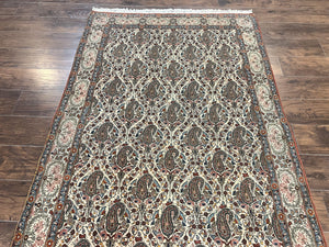 Persian Qum Rug 5x6, Cream Wool Hand Knotted Carpet, Repeated Boteh Paisely Design, Semi Antique Vintage Rug, Very Fine Weave 5 x 6 Rug