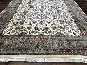 Indo Persian Rug 9x12, Allover Floral Pattern, Ivory & Green, Traditional Oriental Carpet