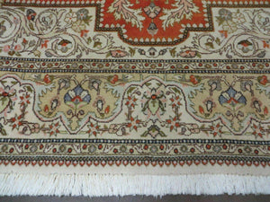 Vintage Persian Tabriz Rug 9x12, Tabatabaie Rug 9x12 Carpet, Handmade Hand Knotted Wool Area Rug, Tomato Red Beige, Medallion Rug, Floral