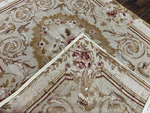 Aubusson Needlepoint Rug 4x5 ft, Beige and Tan, Aubusson Savonnerie Vintage Carpet, Handwoven Handmade Wool Rug, European Design Floral Rose