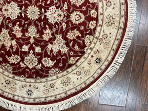 Sino Persian Round Rug 4x4, Wool Hand Knotted Oriental Carpet, Maroon & Ivory Vintage Rug, Floral Rug, Traditional Rug 4 x 4, Fine Rug