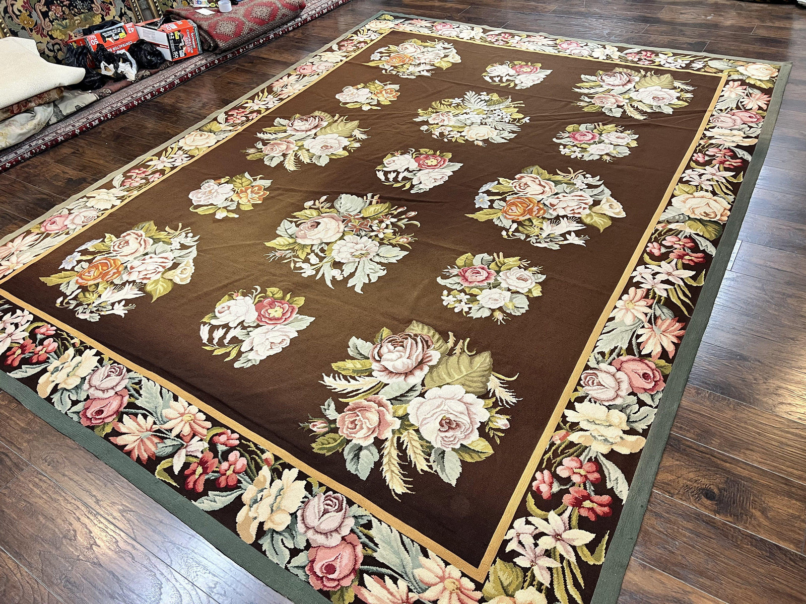 Vintage Needlepoint Rug 9x12, Large Handmade Hand-woven Needlepoint Carpet, Brown Area Rug, Floral Bouquets, Wool Rug, European Design