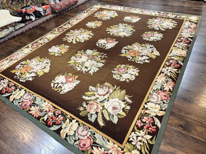 Vintage Needlepoint Rug 9x12, Large Handmade Hand-woven Needlepoint Carpet, Brown Area Rug, Floral Bouquets, Wool Rug, European Design