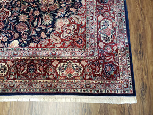 Vintage Dark Blue Persian Room Sized Rug 8x10, Wool & Silk Highlights Hand-Knotted Midnight Blue Red Floral Carpet, 8 x 10 Living Room Rug