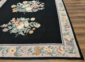 Black Needlepoint Rug 8x11 with Multicolor Flowers, Vintage Carpet