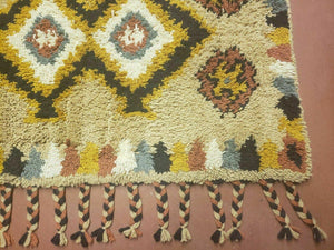 Portuguese Rya Style Shag Rug Moroccan Design, 4x6 Vintage Colorful Geometric Rug, Handmade Wool Gold Tan, Soft Pile Rug