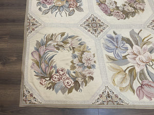 Vintage Needlepoint Rug 8x11, Floral Panel Design, Flatweave Handmade Needlepoint Carpet 8 x 11, Room Size Wool Needlepoint Rug, Cream Color