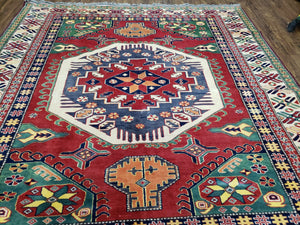 Vintage Turkish Kazak Area Rug, 6ft Square Rug, 6x6 Square Oriental Carpet, Hand-Knotted, Wool, Bold Colors, Red Blue Green, Geometric Rug