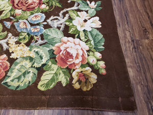 Floral Needlepoint Rug, Medium Rug, Vintage Area Rug, Handmade Flat Weave Rug, Dark Brown Rug, Multicolor Large Colorful Flowers, 6x8