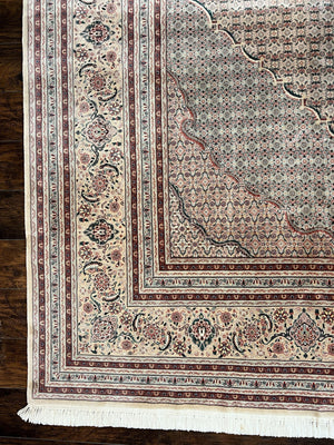 Pak Persian Rug 12x15, Wool & Silk Hand Knotted Vintage Carpet, Mahi Herati Pattern, Beige, Traditional Oversized Extra Large Oriental Rug