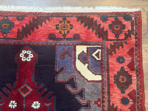 Persian Karajeh Runner Rug 3.6 x 9.5, Geometric Medallions, Tribal Village Rug, Navy Blue, Handmade