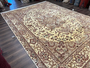Vintage Sino Persian Rug 10x14, Room Sized Elegant Handmade Oriental Carpet 10 x 14, Floral Medallion Large Wool Rug with Silk Accents Beige
