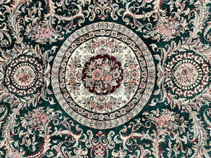 Pak Persian Rug 9x12, Dark Green and Cream, Floral Medallion, Elegant Handmade Wool Carpet 9 x 12