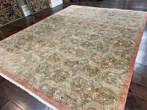 Large Modern Pakistani Rug 9x12, Handmade Wool Carpet, Peshawar Rug, Hand Knotted Oriental Rug, Contemporary, Floral, Light Green
