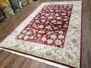 Vintage Traditional Oriental Area Rug, Hand-Knotted, Wool & Silk Accents, Maroon Red and Beige, 6x9 Carpet, 5' 9" x 9'