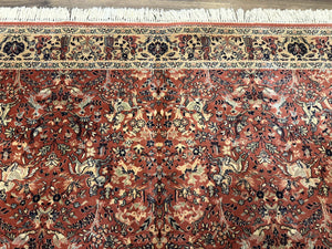 Persian Area Rug 8 x 11.6, Wool, Royal Hunting Scene, Vintage Couristan Rug, Red, Allover Pattern, Belgium Power Loomed