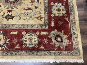 Indo Persian Mahal Rug 8x12, Wool Hand Knotted Oriental Carpet, Light Gold and Burgundy, Floral Allover, Vintage Room Sized Area Rug 8 x 12
