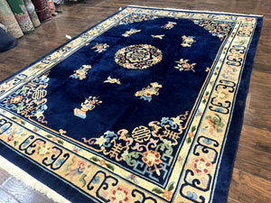Chinese Wool Rug 8x11, Navy Blue and Beige, Simple Design, Fete Carpet
