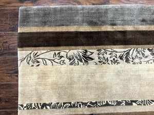Modern Tibetan Nepali Rug 8x12, Stripe Pattern, Wool with Silk Highlights, Handmade, Beige Tan Brown