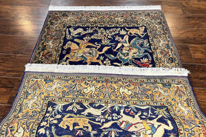 Persian Qum Hunting Design Rug 4x5, Wool Hand Knotted Vintage Oriental Carpet, Navy Blue & Mustard, Horsemen Animal Pictorials, Rare