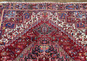 Persian Heriz Rug 9x11 ft, Geometric Rug 9 x 11, Red Room Sized Semi Antique Vintage Wool Hand Knotted Oriental Carpet