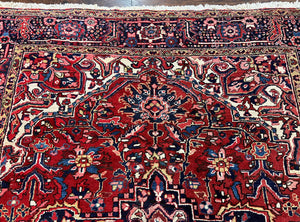 Persian Heriz Rug 8x12, Vintage Geometric Medallion Carpet, Semi Antique Wool Handmade Room Sized Oriental Rug 8 x 12, Red Dark Blue Ivory