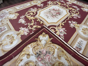 Aubusson Rug 9x12, Red Ivory Gold Tan, Handmade Hand Woven Aubusson Savonnerie Carpet, Vintage Flatweave Room Sized Aubusson Area Rug 9 x 12