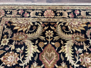 Indo Mahal Sultanabad Rug 8x11, Vintage Indian Oriental Carpet, Wool Handmade Floral Rug 8 x 11 ft, Black Beige Tan, Large Flowers Allover