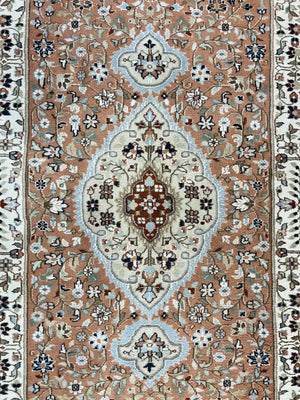 Indo Persian Rug 6x9, Wool Hand Knotted Vintage Carpet, Salmon & Ivory, Traditional Oriental Rug 6 x 9