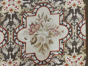 Needlepoint Runner Rug 2.8 x 9.8, Brown and Beige, Handwoven Handmade Floral French European Design, Vintage Flatweave 10ft Wool Runner Rug