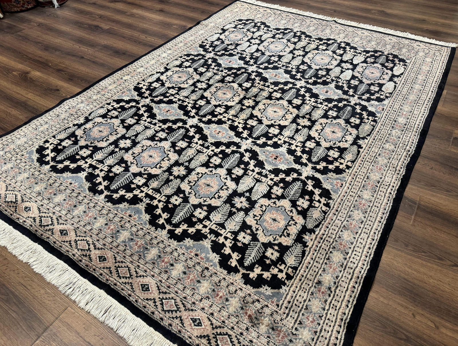 Turkoman Bokhara Rug 6x9, Pakistani Carpet, Black, Hand Knotted