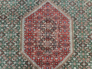 Indo Persian Rug 10x14, Bidjar Rug 10 x 14, Wool Hand Knotted Vintage Carpet, Red & Green Herati Pattern, Large Room Sized Oriental Rug