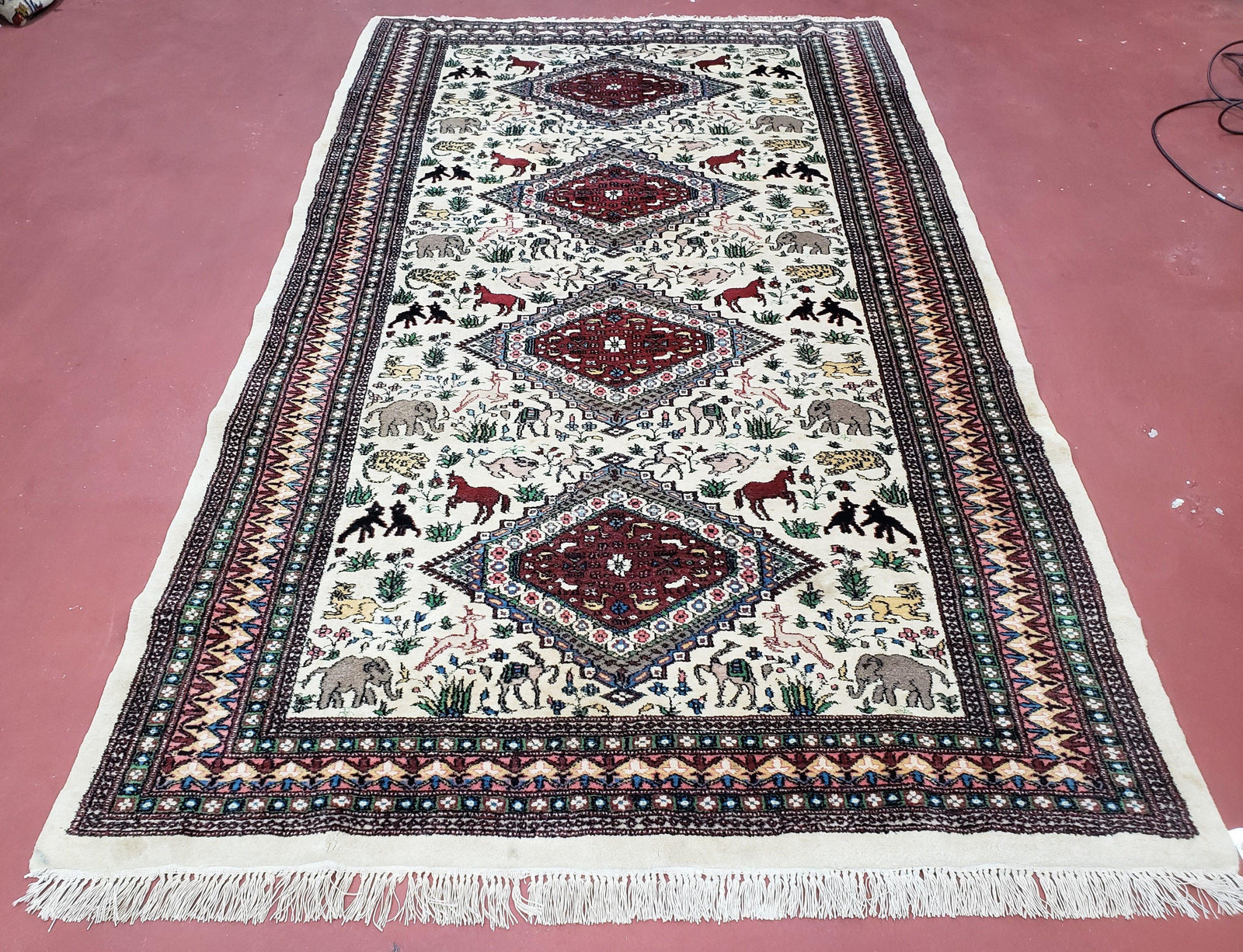 Vintage Indo Persian Area Rug 4.7 x 7.6, Wool Hand-Knotted Ivory Carpet, Animal Pictorials, Elephants Horses Lions, Indian Carpet, Unique