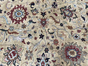 Indo Persian Mahal Rug 8x12, Wool Hand Knotted Oriental Carpet, Light Gold and Burgundy, Floral Allover, Vintage Room Sized Area Rug 8 x 12