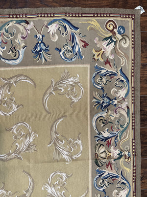Vintage Aubusson Flatweave Area Rug 9x12, Aubusson Weave, Wool, Beige, Handmade, French European Design, 8'9" x 11'9"