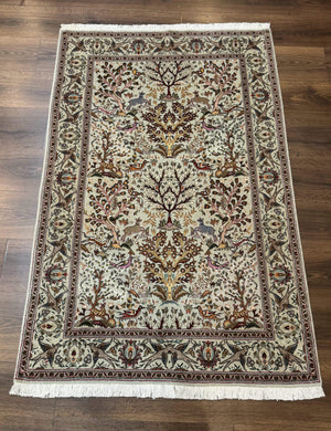 Wonderful Persian Tabriz Rug 3x5, Tree of Life, Animal Pictorials, Birds, Wool & Silk Highlights, Fine 330 KPSI