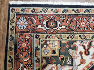 Vintage Indo Heriz Area Rug 8x10, Indo Persian Carpet 8 x 10, Red Dark Blue & Beige/Cream Indian Rug, Decorative Pattern, Wool, Hand-Knotted