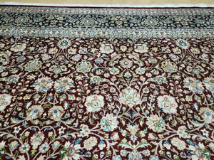 Persian Rug 9x12, Floral Allover, Very Fine, Handmade, Room Sized Oriental Carpet, Sino Persian, Maroon and Navy Blue