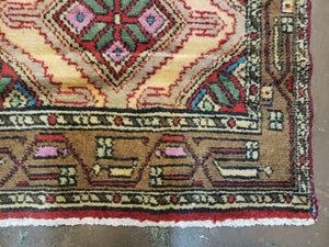 Small Persian Rug 2x3, Hand Knotted Handmade Wool Tribal Geometric Medallion Hamadan Carpet 2 x 3 ft Cream Red Camel Hair Color, Tiny Vintage Carpet
