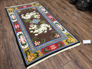 Chinese Peking Rug 3x5 with Animal Pictorial, Brown Ivory Gold Red, Handmade Vintage Chinese Carpet, Art Deco Rug, Unique Asian Oriental Rug