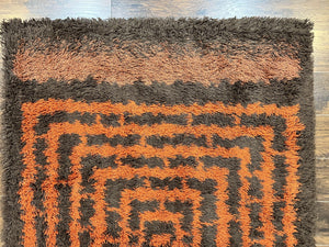 Vintage Rya Shag Rug 4.6 x 6.6, Abstract Design, Brown and Orange, Mid Century Danish Rya Carpet