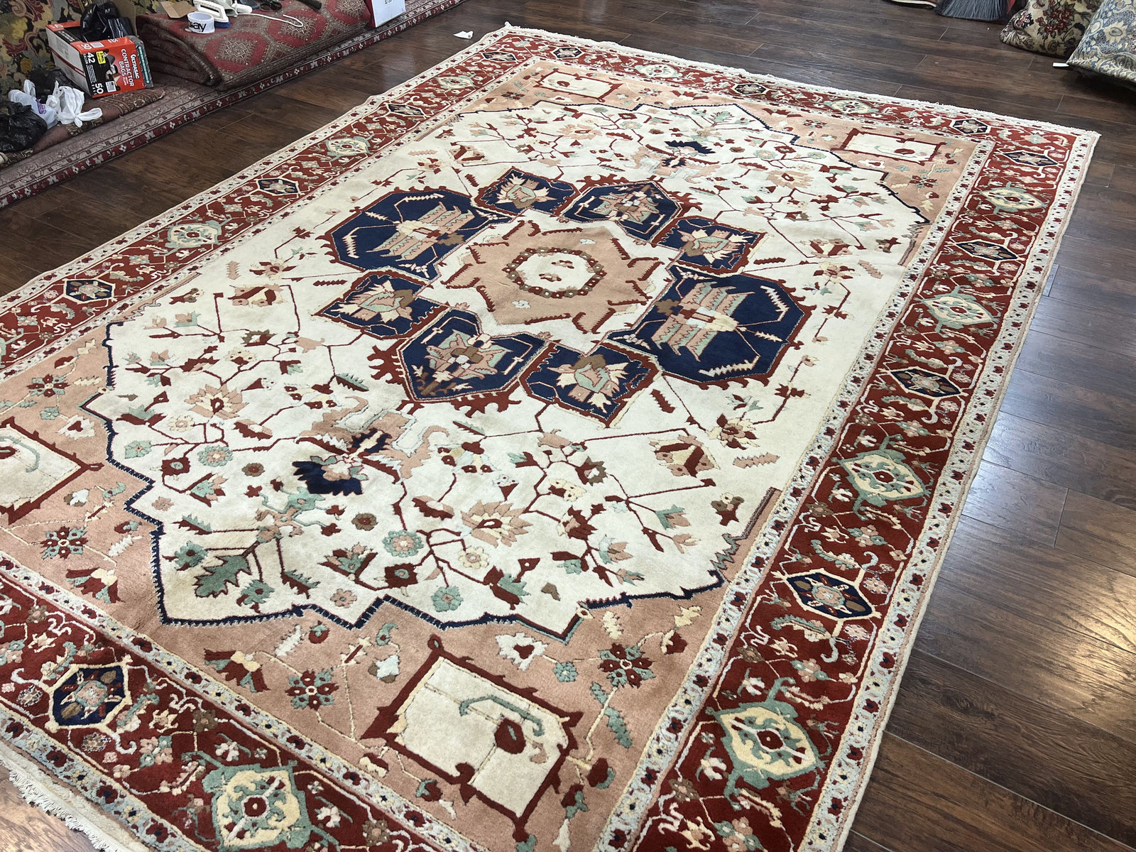 Indo Heriz Rug 9x12, Geometric Indo Persian Room Sized Decorative Area Rug 9 x 12 ft, Cream Navy Blue Pink Handmade Vintage Wool Carpet