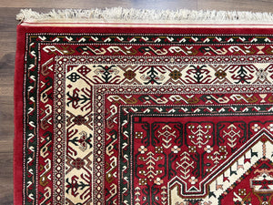 Wool Kazak Pattern Rug 7x10, Geometric Pakistani Hand Knotted Carpet, Large Medallion, Red Cream Dark Green, Room Sized Vintage Oriental Rug