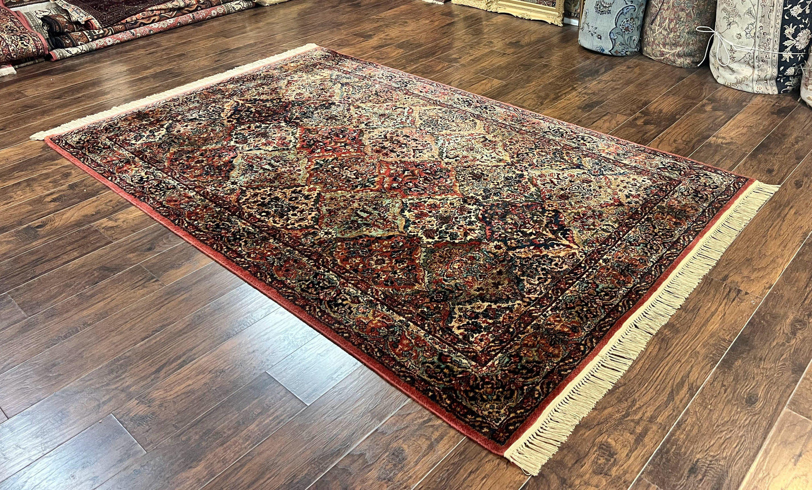 Karastan Rug 5.9 x 9, Multicolor Panel Kirman Rug #717, Wool Original Karastan Collection 700 Series, Vintage Karastan Area Rug