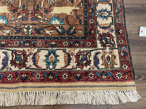 Unique Afghan Silk Rug 4x6, Hunting Pattern Animal Motifs, Light Brown and Cream, Persian Handwritten Poetry, Fine 1940s Oriental Carpet Wow