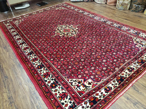 Vintage Persian Hamedan Rug 7x10, Angelas Mahi Pattern, Red, Wool, Hand-Knotted