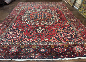 Rare Persian Bakhtiari Rug 10x13, Red, Semi Antique, Large Persian Carpet, Handmade