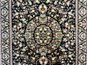 Pak Persian Rug 5x7, Floral, Colorful, Handmade Vintage Wool Rug, Finely Hand Knotted 225 KPSI, Black