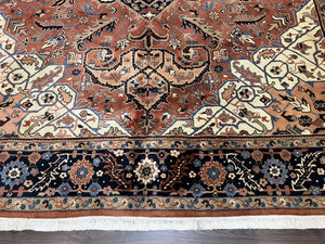 Indo Persian Heriz Rug 9x12, Geometric Medallion, Vintage Oriental Carpet, Handmade Room Sized Wool Heriz Serapi Rug, Red Navy Blue Cream