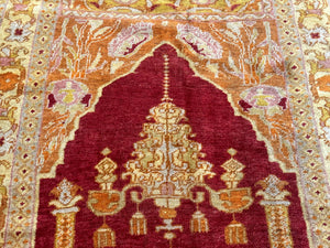 Antique Turkish Prayer Rug 4x6, Red and Golden Mustard, Mihrab Design, Anatolian Carpet